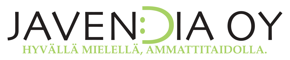 JAVENDIA OY -logo, jossa mustat kirjaimet ja vihreä hymynaama, alla teksti "HYVÄLLÄ MIELELLÄ, AMMATTITAIDOLLA."