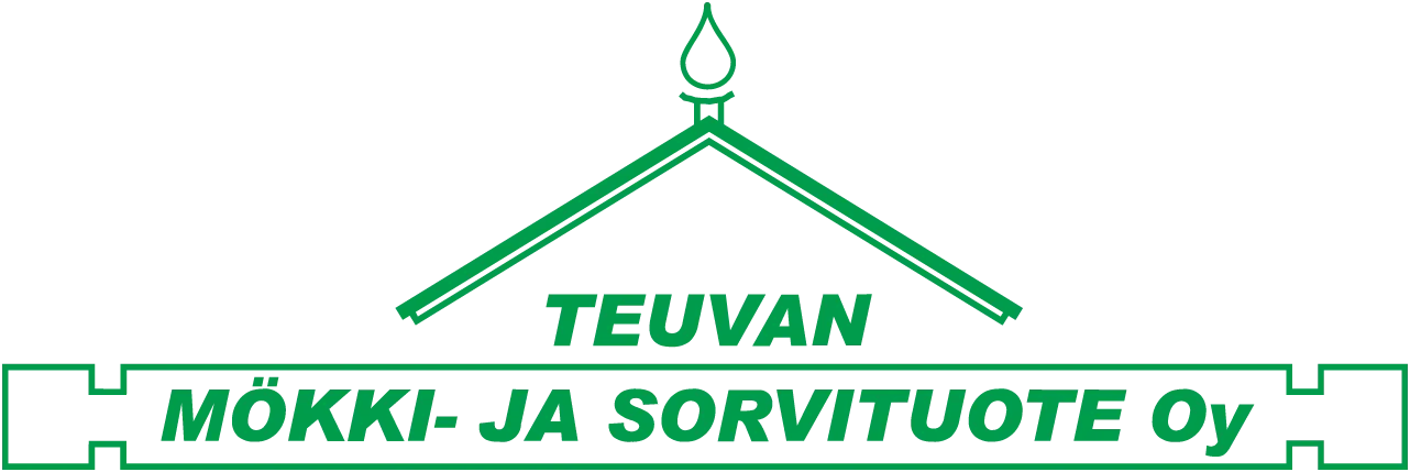 Vihreä Teuvan Mökki- ja Sorvituote Oy:n logo mustalla taustalla, jossa on tyylitelty mökki ja liekki.